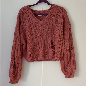 Elegant V-Neck Cable Knit Sweater - Mauve/dusty rose pink